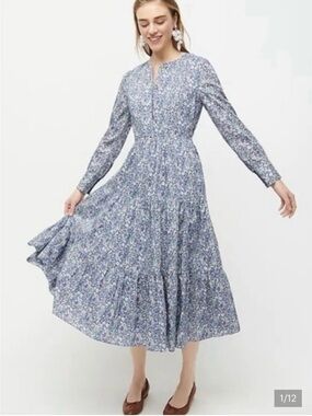 J. Crew Blue Floral Long-Sleeve Tiered Maxi Dress